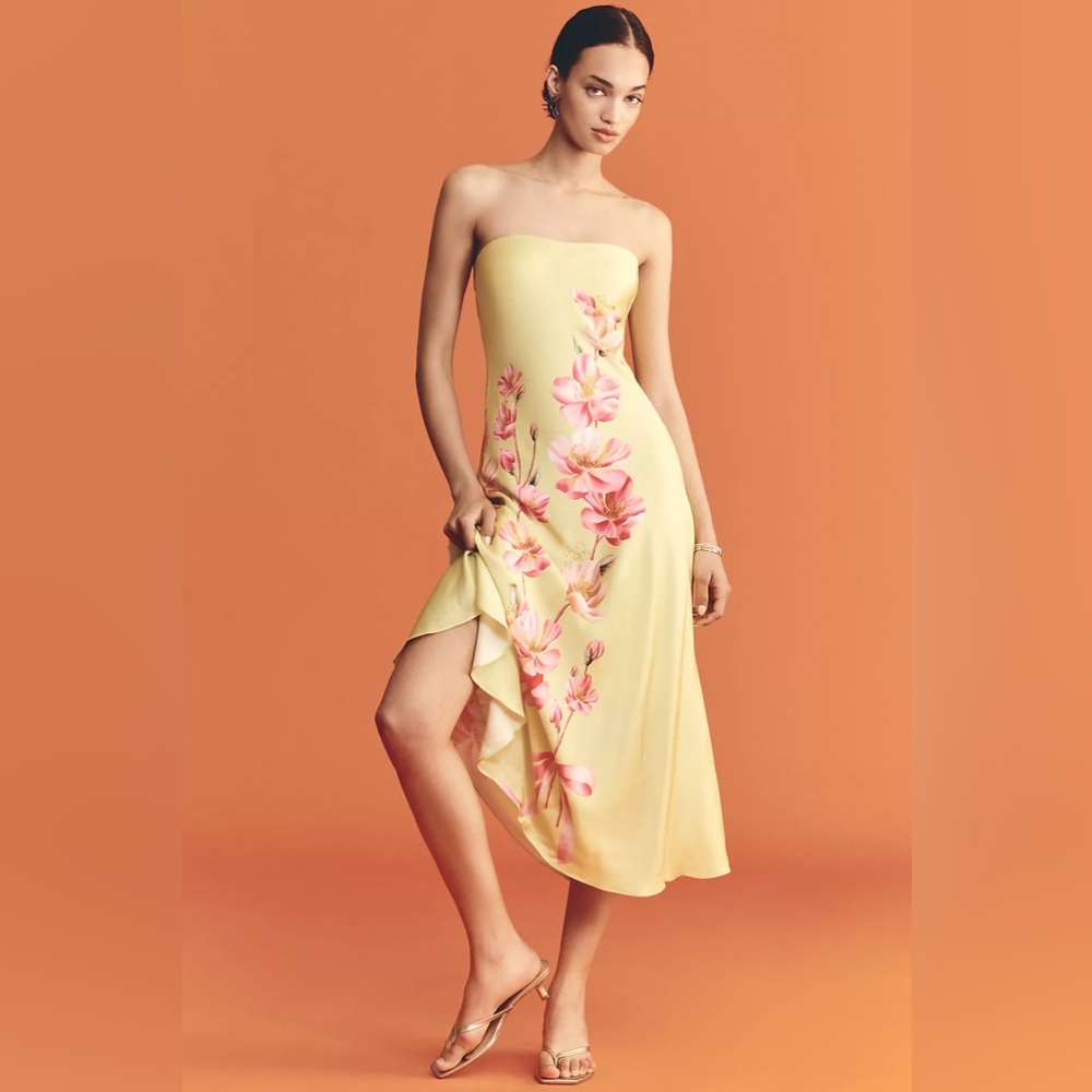 FARM Rio Strapless Yellow Floral Midi Dress